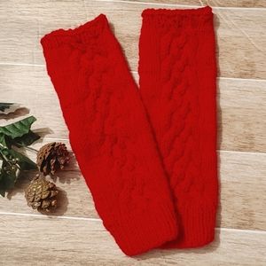 Handknit Fingerless double cabled pattern leg warmers ONE SIZE red